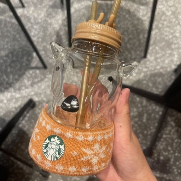 17OZ Starbucks Bear Glass Cup with Straw and Knitted Sleeve, Holiday Edition