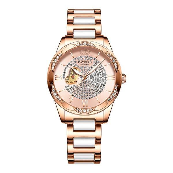 Women's Elegant Ceramic Strap Watch with Starry Sky and Heart Skeleton Design