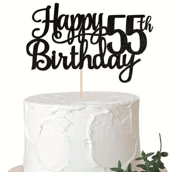 Update 1Pc Fabulous Glitter Happy 55Th Birthday Cake Topper - Sparkling Black Paper Decoration For Cheers To 55 Years Theme Party