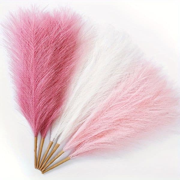 6pcs Pampas Grass Pink 17.7 Inch , Artificial Pampas Grass Faux Pink Pompas Grass Decor, Short Pompous Grass Blush Room Decorati