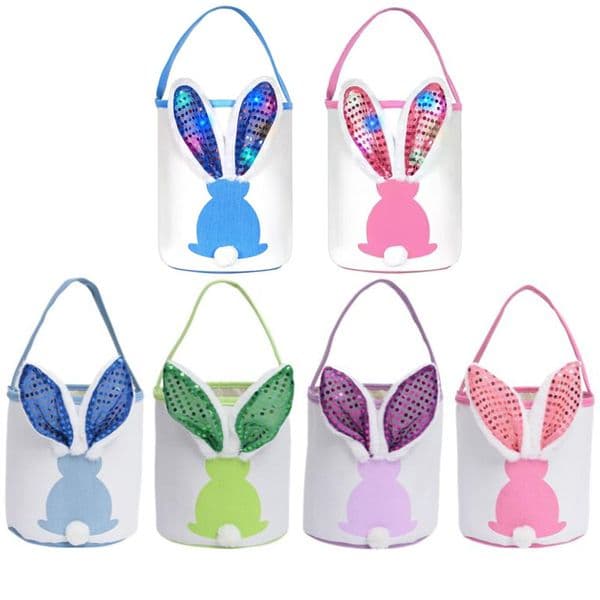 LED Sequin Bunny Basket Flashing Large Handbag Light Up Rabbit Egg Easter Bucket Tote Hunt Bags With Fluffy Tail For Kids Party Decoration