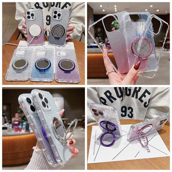 Magnet Wireless Charging Hold Cases For Iphone 17 Air 16 Plus 15 Pro Max 14 13 12 11 3in1 Hard PC TPU Bling Glitt Mirror Metal Ring Kickstand Shockproof