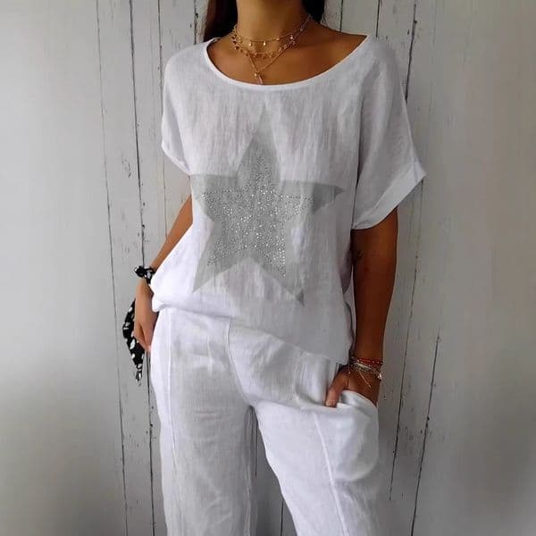 2026 Summer Designer s New Loose T shirt Women s Round Neck Cotton Hemp Hot Diamond Top