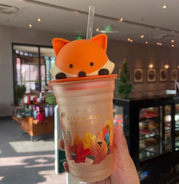12oz Starbucks Tumbler with Fox Lid Autumn Design Portable Coffee Cup