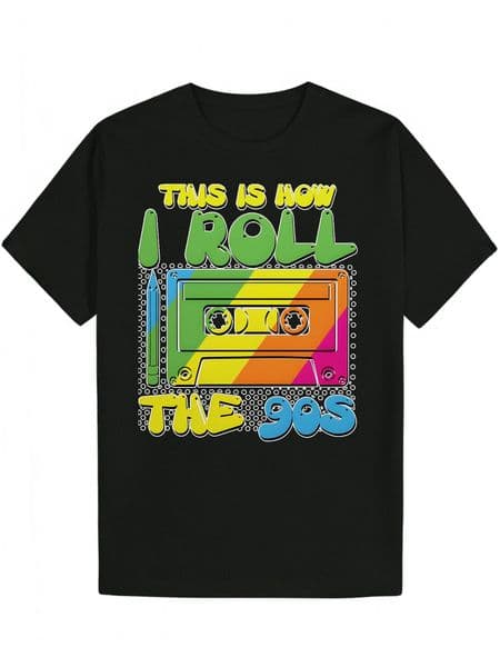 Men's 90s Tape Design - Black Crew Neck with Colorful Cassette Pattern, Style, Regular Fit, Summer Casual Wear Playful Pattern T-Shirt | Polyester fabric