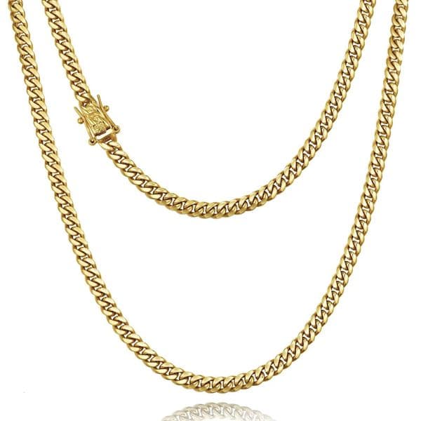 6mm Miami Cuban Link Chain 14K Real Gold Plated 316L Stainless Steel Solid Necklace for Mens Womens(Christmas or Birthday Gift)
