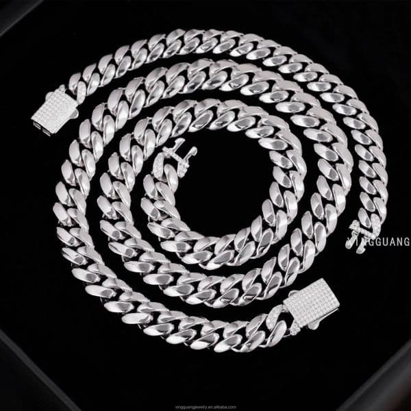 Custom Polished 8/10/12mm Solid Silver Plain Cuban Link Chain Spring Clasp VVS Moissanite Lock Cuban Chain Necklace Men Jewelry