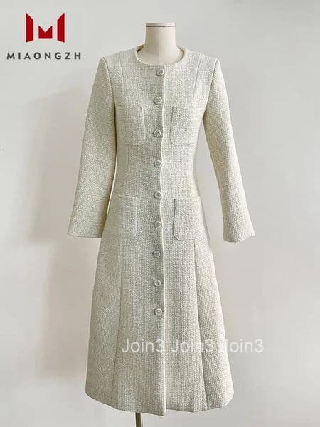 New Fashion For Women Tweed Dresses O Neck Long Sleeve Autumn Winter Single Breasted Patchwork Pockets Luxury Party Dress