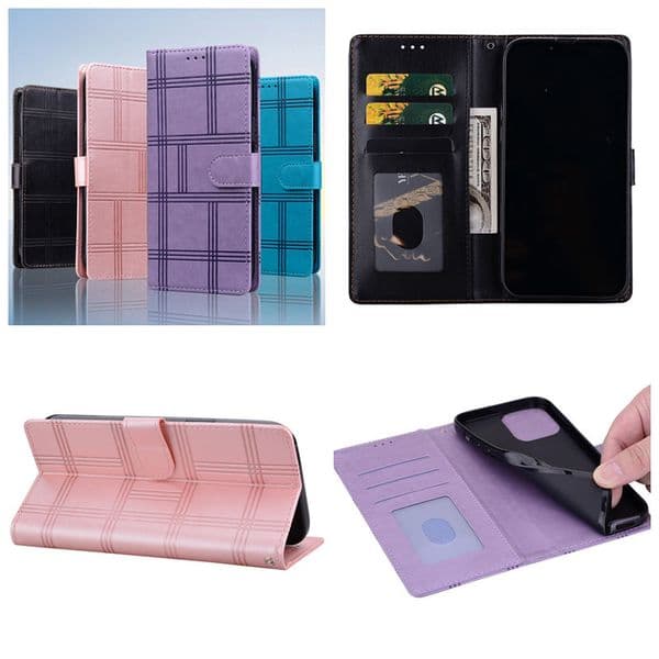 S26 Square Lines Leather Wallet Cases For Samsung Edge S25 FE Ultra S24 Plus S23 A36 A56 A55 A17 A07 A06 A16 Vertical Holder Credit ID Card Slot Cash Flip Cover