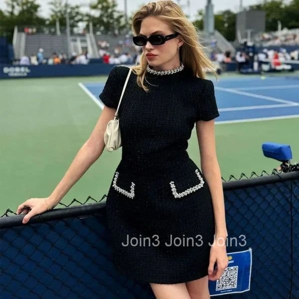Talenza Womens Elegant Tweed A-Line Dress Solid Slim Fit Y2k Short Sleeve Dress Retro O-Neck Patchwork Luxury Evening Dress