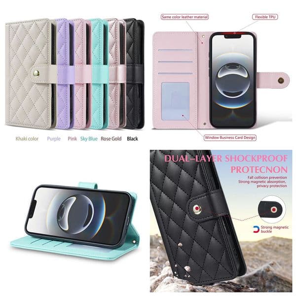 Checkered PU Leather Wallet Cases For Iphone 17 Air 16E 16 15 14 Plus 13 12 11 Pro Max XS XR X 8 7 6 Fashion Square Diamond Grain Cash Card Slot ID Holder Flip