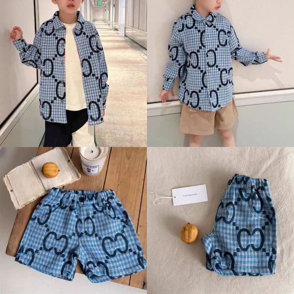 GG Fashionable Baby Set Blue Plaid Designer Shirt and Complementary Shorts Kids Clothing Sets