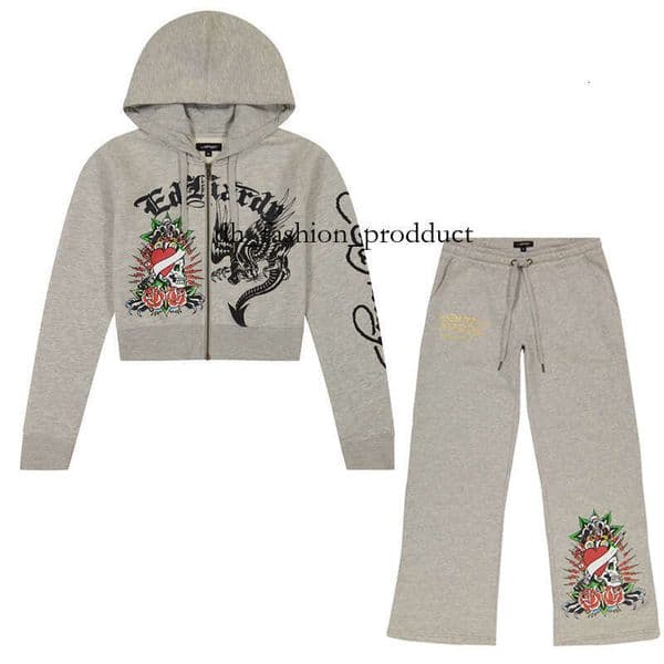 edhardyly women tracksuits sport suits edhardypants Tracksuit Two Piece Set Outfits Strapless Casual printed Pants Y2K straight trousers Street zipper hooded 252