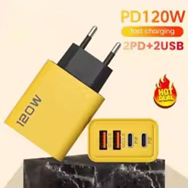 120W 4 Ports USB Type C Fast Charger Real 2A12W Phone Adapter PD QC3.0 for iPhone 15 16 Samsung Xiaomi Huawei Quick Charge 3.0 Wall Charger