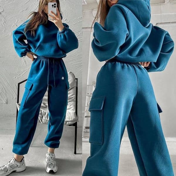 M1052 Women Gym Set Two Piece Autumn Winter Hooded Pullover Wide Sweatpants Jogger Workout Set Suit Gym Tracksuit