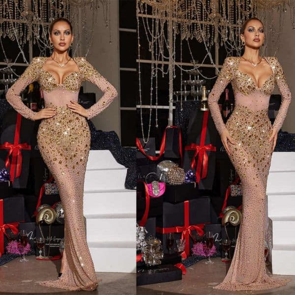 Stunning Mermaid Evening Dresses Long Sleeves Crystal Sequins Formal Prom Party Dresses Customized Special Occasion Wear