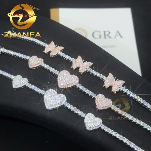 Iced Out Jewelry 3mm Moissanite Tennis Bracelet Heart Butterfly 925 Hip Hop Silver Bracelet VVS Moissanite Tennis Chain