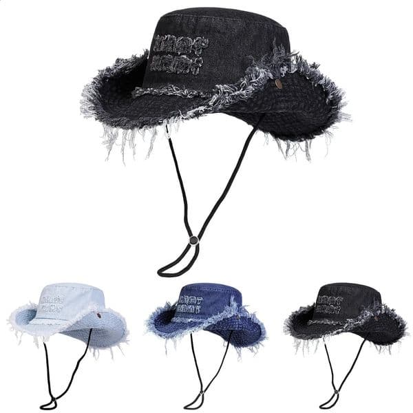 Letter frayed washed denim fisherman womens spring and summer travel sun outdoor hiking hat fashionable trend 250808
