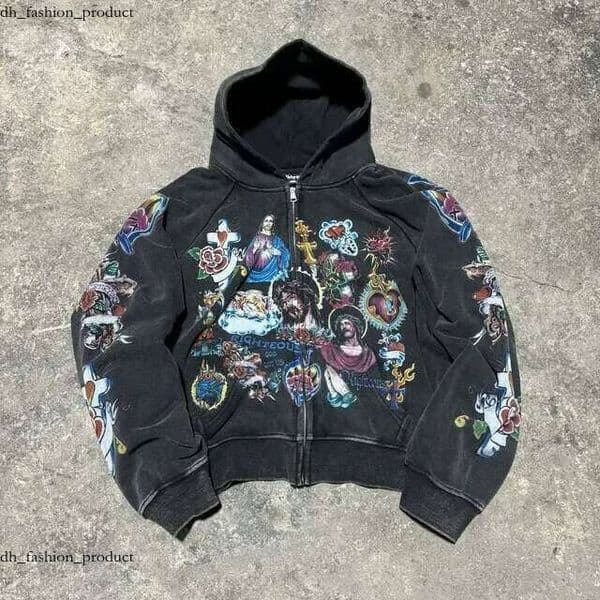High Quality Y2k Retro Black Risen King Cropped Zip Up Hoodie Gothic Graphic Washed Hoodies for Men Women Sweatshirt Streetwear e33