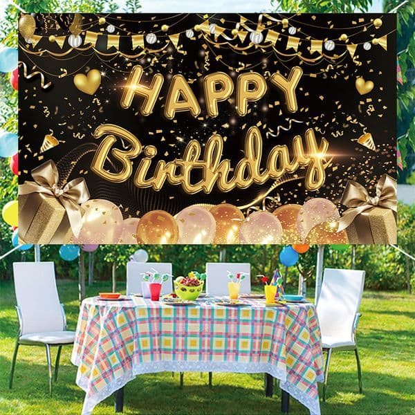 Black & Gold Print Birthday Background Banner for Parties Durable Outdoor Decor