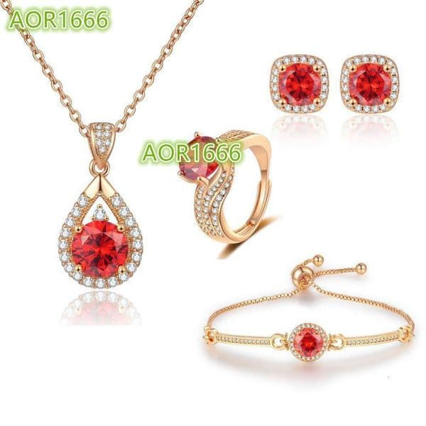 Red Hearts Eight Arrows Gold Rings Ear Studs Earring Pendant Necklace Bracelet Jewelry Set for Wedding