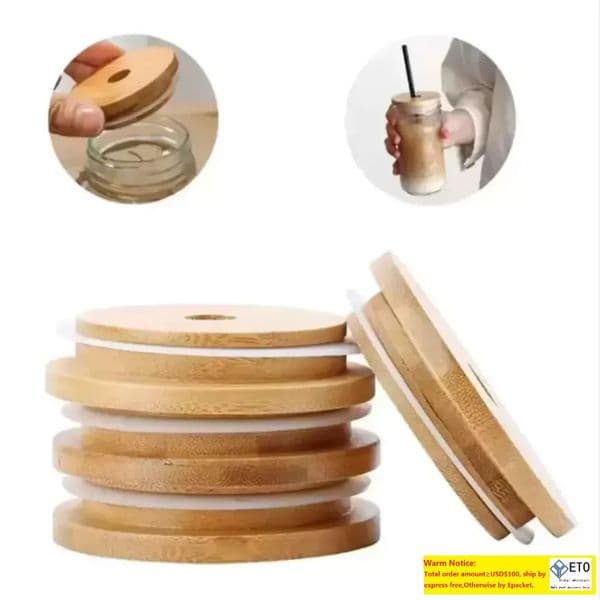 Bamboo Cap Lids 70mm 86mm Reusable Wooden Mason Jar Lid With Straw Hole And Silicone Seal Boutique LL