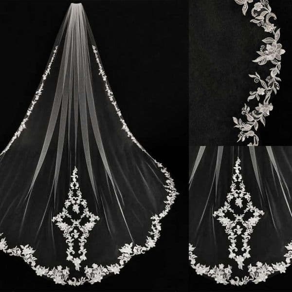 Real Image Cheap Chic Wedding Veils Three Meters Long Veils Lace Applique Lace One Layers Cathedral Length Bridal Veil