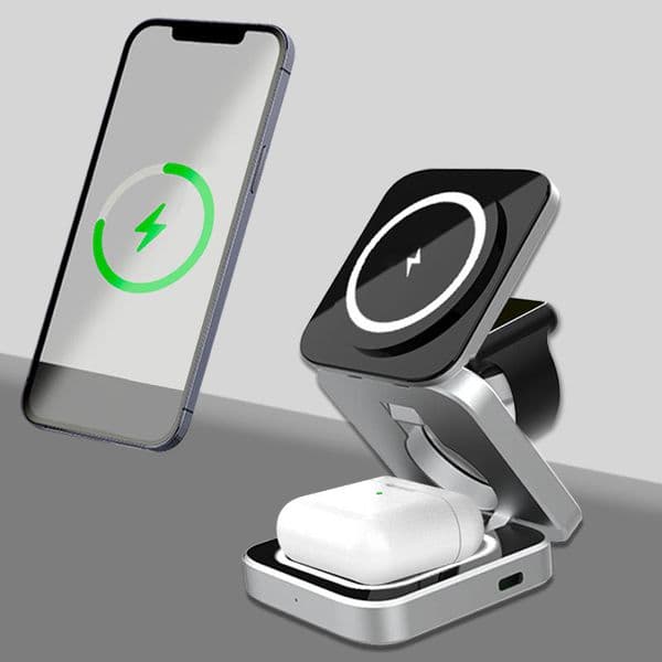 3-in-1 15W Wireless Charger USB TYPE-C Stand Pad For iPhone 16 15 14 13 12 Pro Max Foldable Qi Fast Charging Station for Samsung Watch Earbuds Phone Metal Magnetic Charger