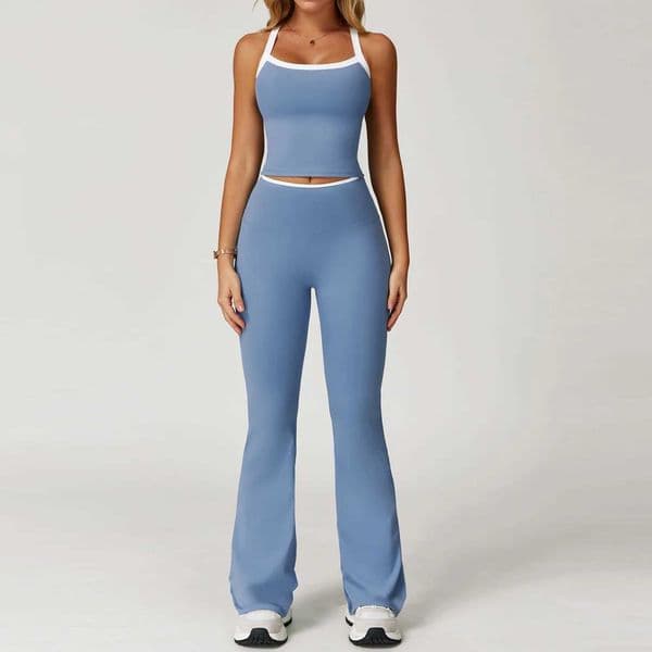 2 Piece Yoga Suit Women Color Contrasting Cross Back Tight Sports Bra High Waist Flare Leggings Fitness Set Running Tracksuit L250812