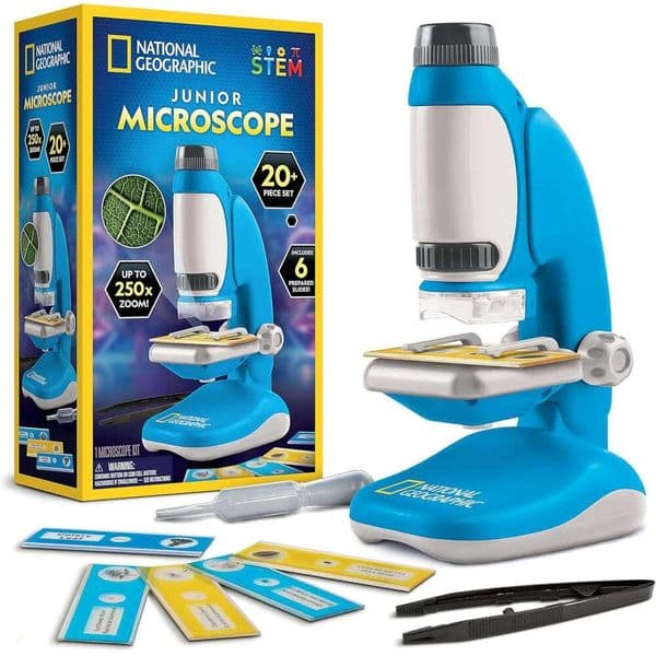 Blue Marble National Geographic Children's Microscope - Set Includes Up to 250x Magnification Handheld Mini Accessories, 12 Slides, Lab Guide, Science Toy 123