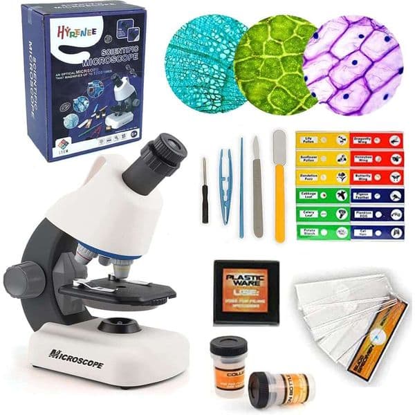 HYRENEE Children's Educational Microscope - Up to 40-1200x Zoom, LED Light, Glass Material, White, Perfect for STEM Learning and DIY Experiments 123
