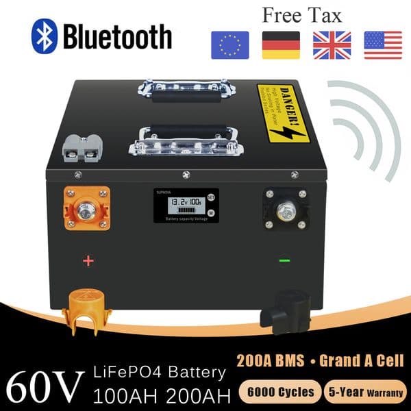New 60V 50Ah 100Ah LiFePO4 Battery Pack Built-in Bluetooth BMS Lithium Iron Phosphate For Solar Golf Cart RV Storage Boat