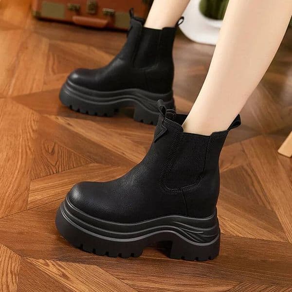 Women S High Chunky Heeled Chelsea Boots New Winter Round Toe Microfiber Leather Shoes Slip On Ladies Retro Platform Short Boots Designer Shoes Women Shoes