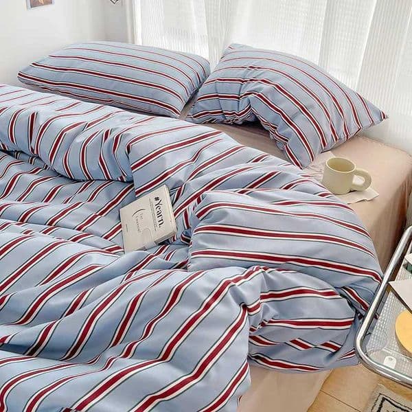 Simple Red and Blue Striped Duvet Cover and Four Piece Bed Sheet Set with Washed Cotton Bedding on the Bed W250815