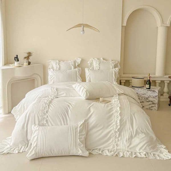 Korean Princess Style Lace Ruffles Bedding Set Solid Color Duvet Cover Set Flat/Fitted Bed Sheet with Cases W250815