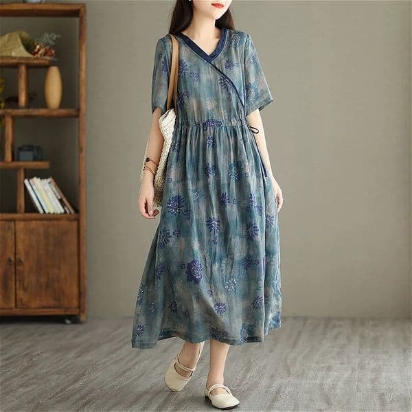 398 Summer new art retro loose plus size women's wear V-neck comfortable slim lace-up medium-length dress