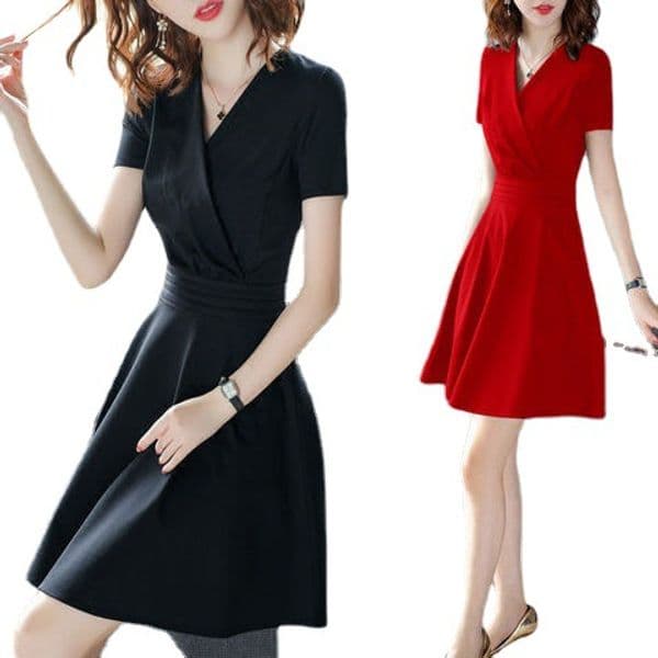 (425) Black dress new style early spring V-neck short sleeves medium length slim fit slim black dress solid color