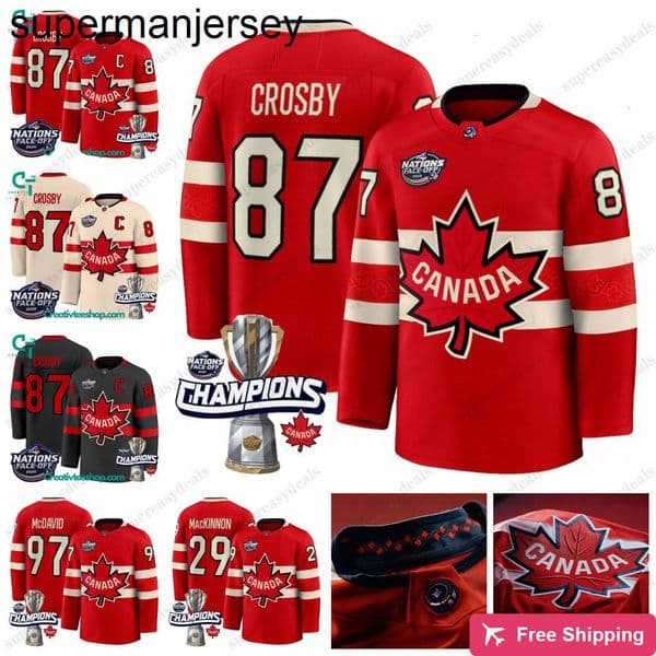 new Cheap 87 Sidney Crosby 2025 4 Nations Faceoff Champion Canada Hockey Jerseys Binnington Brad Marchand Nathan MacKin