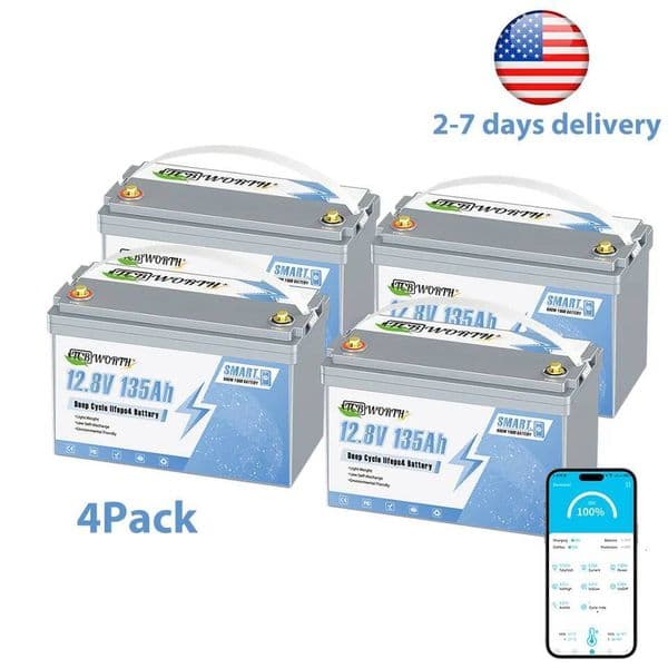 TCBWORTH 12V 135AH LiFePO4 Lithium Battery with Bluetooth1728Wh Energy forSolar Off-Grid Power System CamperTravel Trailer