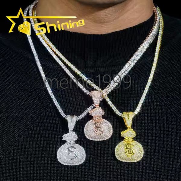 Hip Hop 925 Sterling Silver US Dollar Money Bag Moissanite Pendant Iced Out Fashion Men Charms Pendant for Necklace