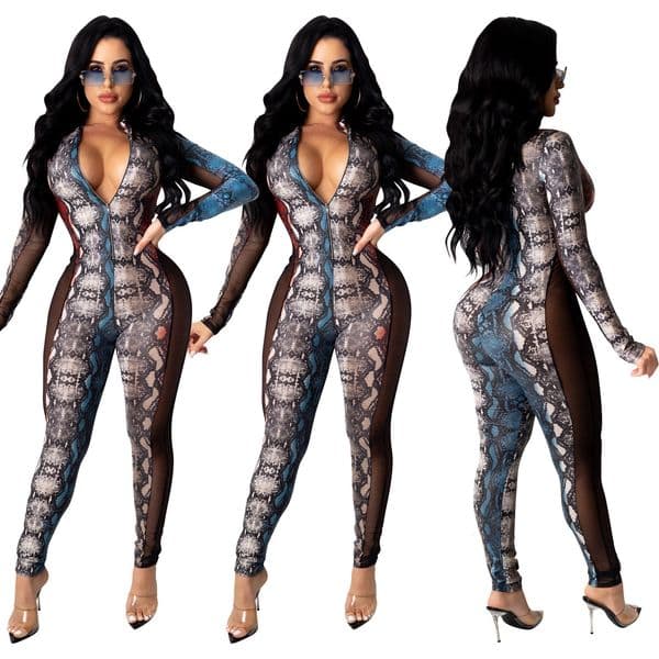 D9345 Womens Sexy Snake Print Mesh Patchwork Long Sleeve Jumpsuit
