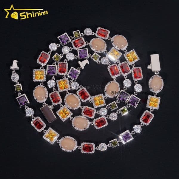 New Design Street Fashion Hip Hop Urban Jewelry Multi Color Gemstone Enamel Tennis Bracelet Iced Out Motif Necklace