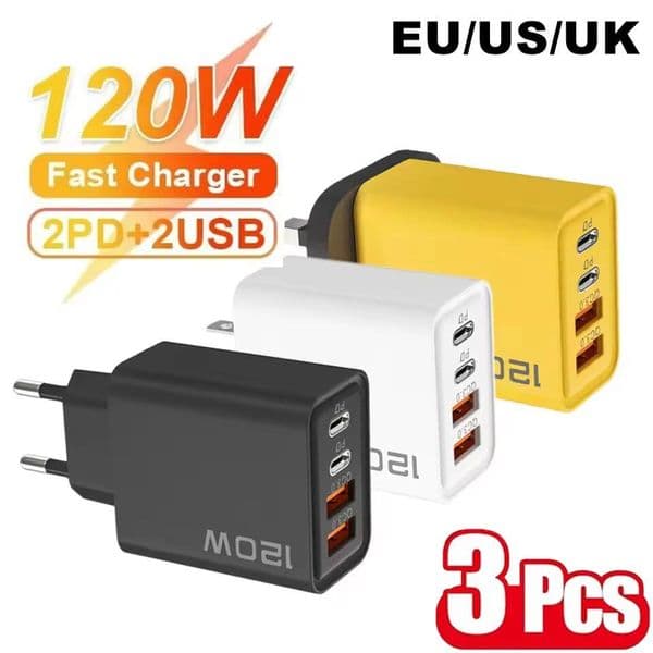 3Pcs 120W USB Charger Muti Ports Quick Charge 3.0 Type C PD Mobile Phone Charger Wall Adapter For iPhone 16 Samsung Xiaomi