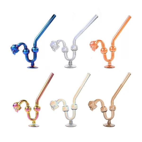 Mixed Colors Smoking Glass Oil Burner Pipe Skull Head Glass Pipes Colorful Bubbler Hand Pipe OD Recycler Hookahs Tools Water Pipe Bong For Smoking Accessories