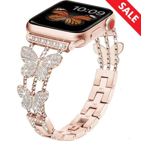 Women Butterfly Strap Apple Watch Band 49mm 41 45 40 44 38 42mm Bling Dia Metal Bracelet for Iwatch Series 9 8 7 SE 6 5
