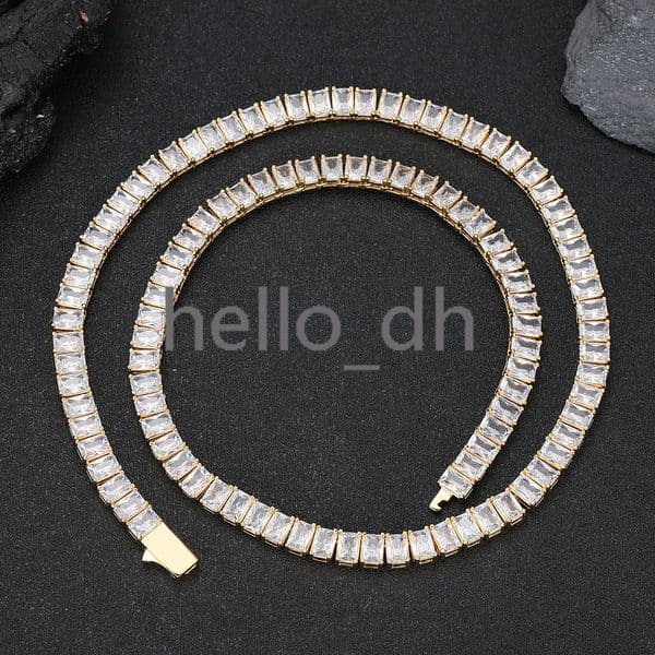 Womens 18K Gold Plated Brass Tennis Chain Necklace 6mm Rectangular moissanite Hip Hop Fine Jewelry Tennis Chains Necklaces