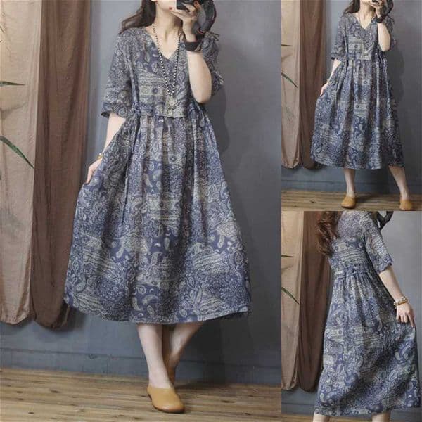 421 Ramie ethnic style V-neck dress for women Summer new style five-point sleeves loose waist slimming mid-length dress