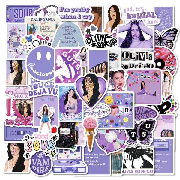 50 Olivia Rodrigo Singer Stickers Purple Waterproof Kids DIY Graffiti Pocket Stickers
