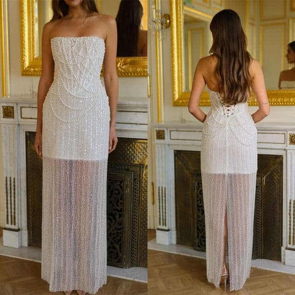 Simple A Line Women Wedding Dress Straps Sleeveless Bridal Gowns Pearls Beading Sequins Lace Up Floor Length Dress Customized vestidos de novia