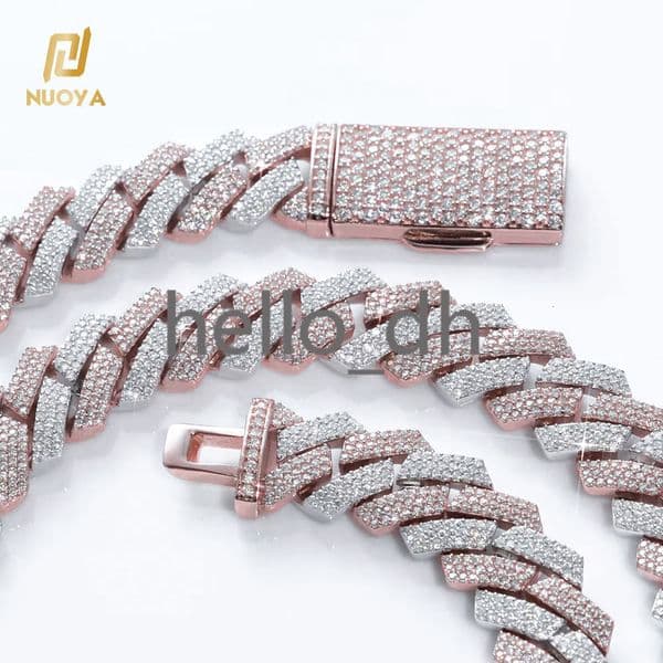 12mm Two Tone Hip Hop Cuban Necklace Rose Gold Plated Chain Three Rows moissanite Prong Cuban Chain Necklace Women Jewelry
